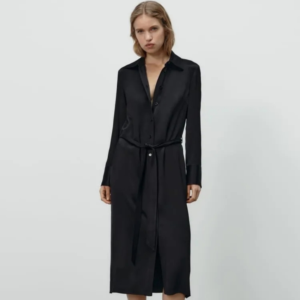 NWT Zara Black Satin Effect Shirt Dress Size L